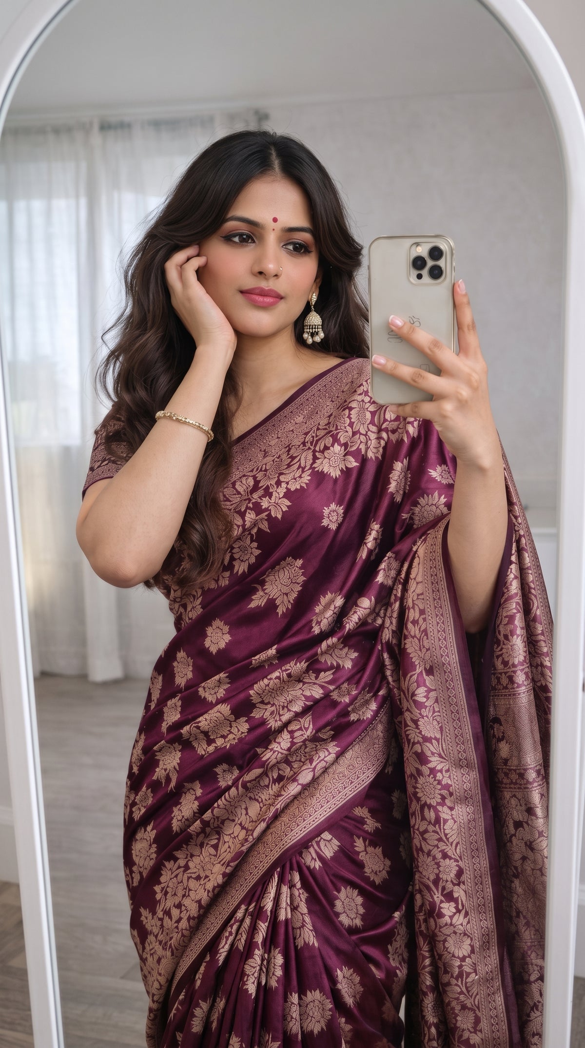 Wine Banarasi Silk Zari Saree Styled by Shruti