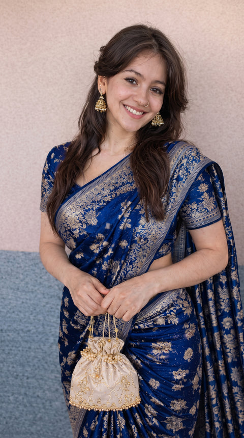 Dark Blue Banarasi Silk Zari Saree Styled By Tanya