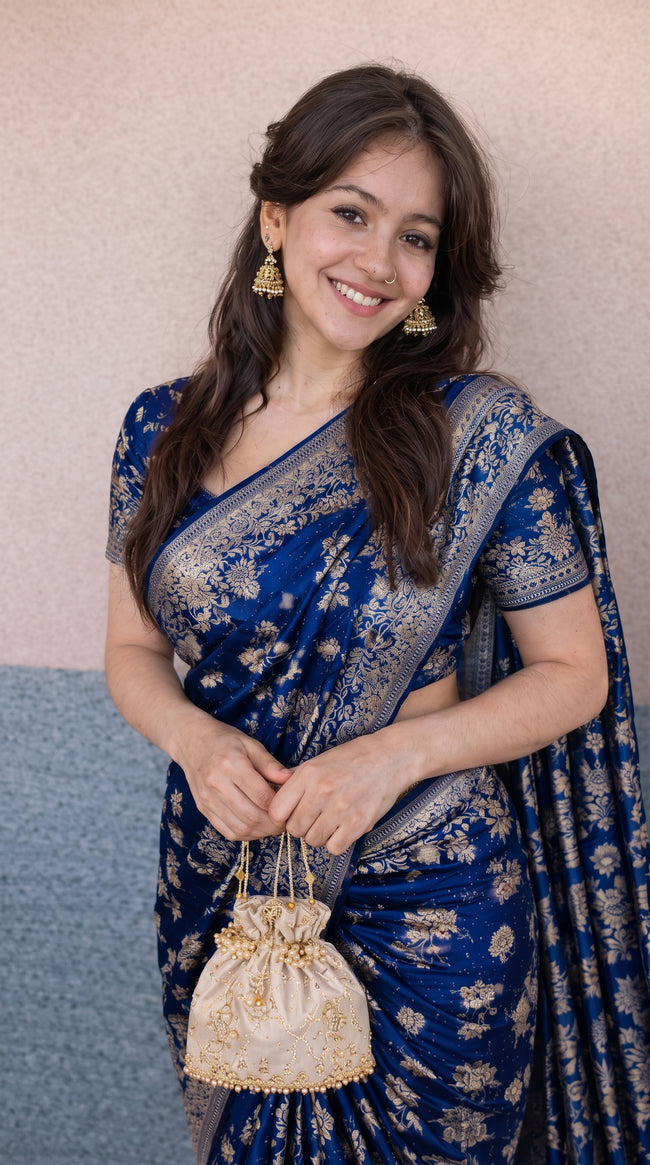 Dark Blue Banarasi Silk Zari Saree Styled By Tanya