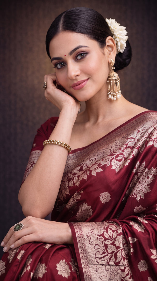 Dark Red Banarasi Silk Gold Zari work Saree