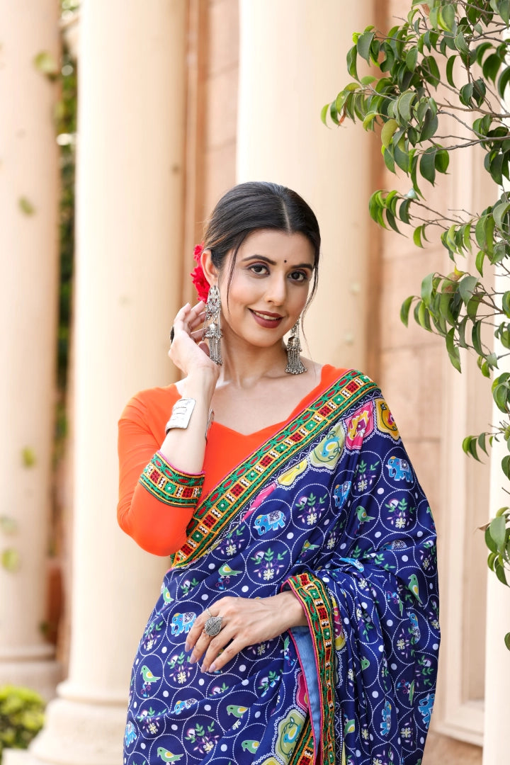 Orange and Blue Georgette Half And Half Bandhej Print Saree