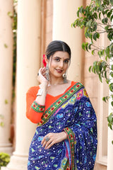 Orange and Blue Georgette Half And Half Bandhej Print Saree