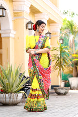 Peach and Yellow Georgette Half And Half Bandhej Print Saree