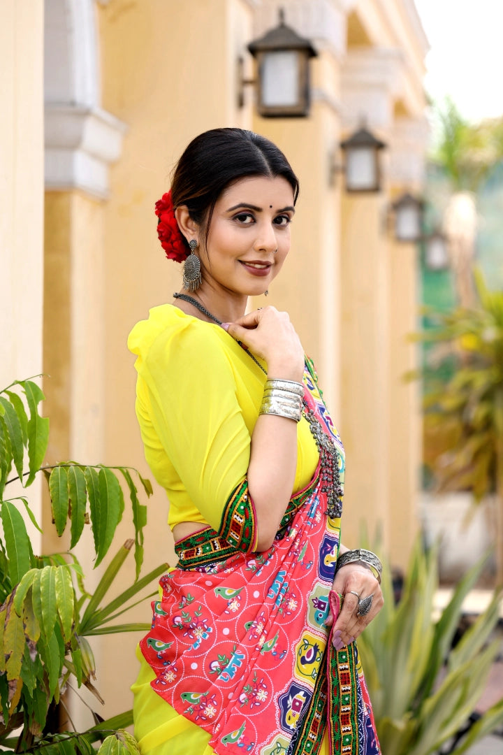 Peach and Yellow Georgette Half And Half Bandhej Print Saree