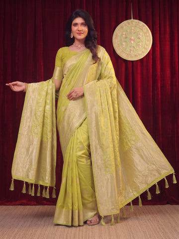 Parrot Green Banarasi Silk Saree With Dupatta