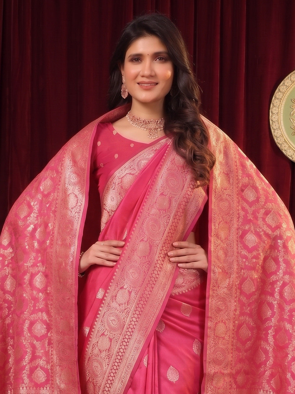 Rani Pink Banarasi Silk Saree With Dupatta