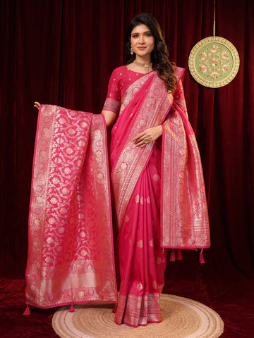 Rani Pink Banarasi Silk Saree With Dupatta
