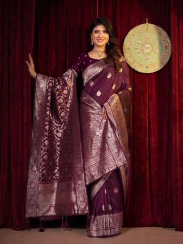 Wine Banarasi Silk Saree With Dupatta