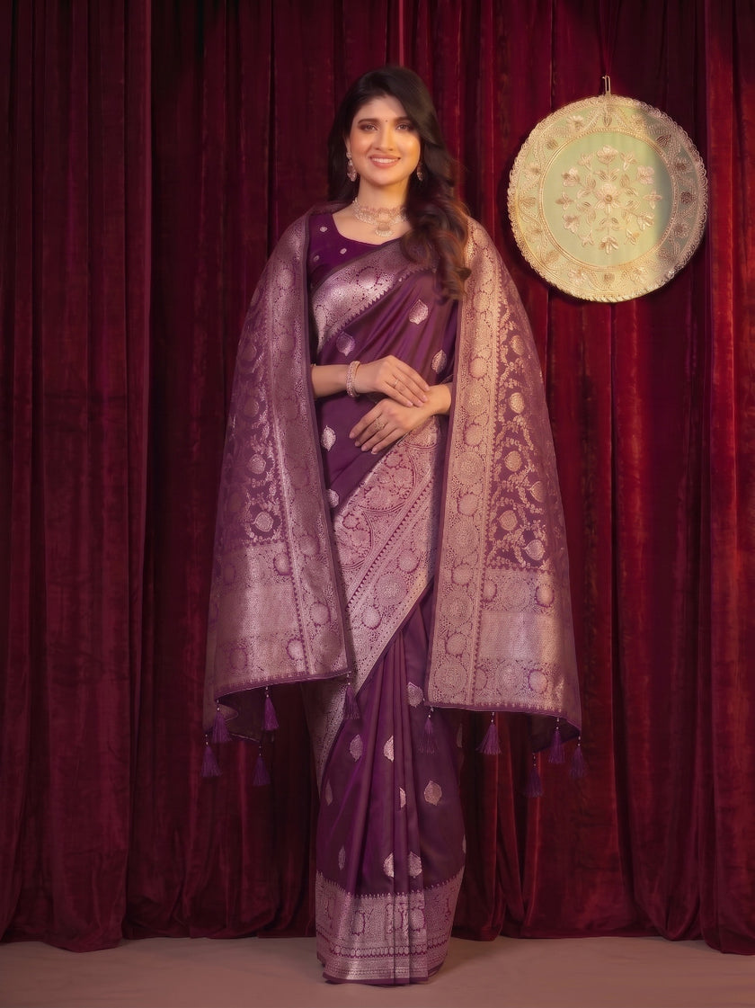 Wine Banarasi Silk Saree With Dupatta