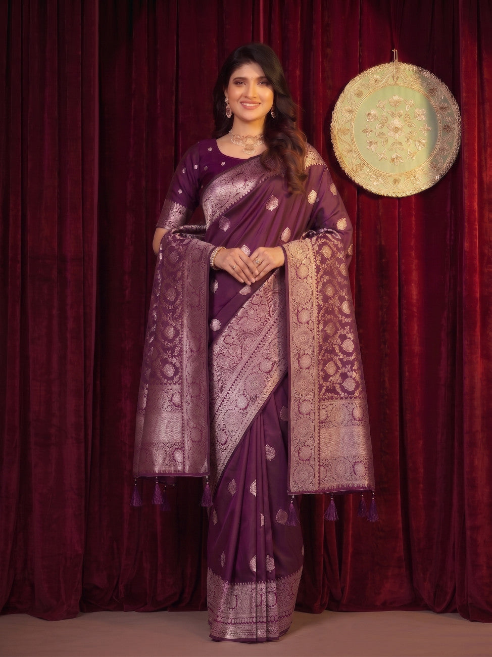 Wine Banarasi Silk Saree With Dupatta