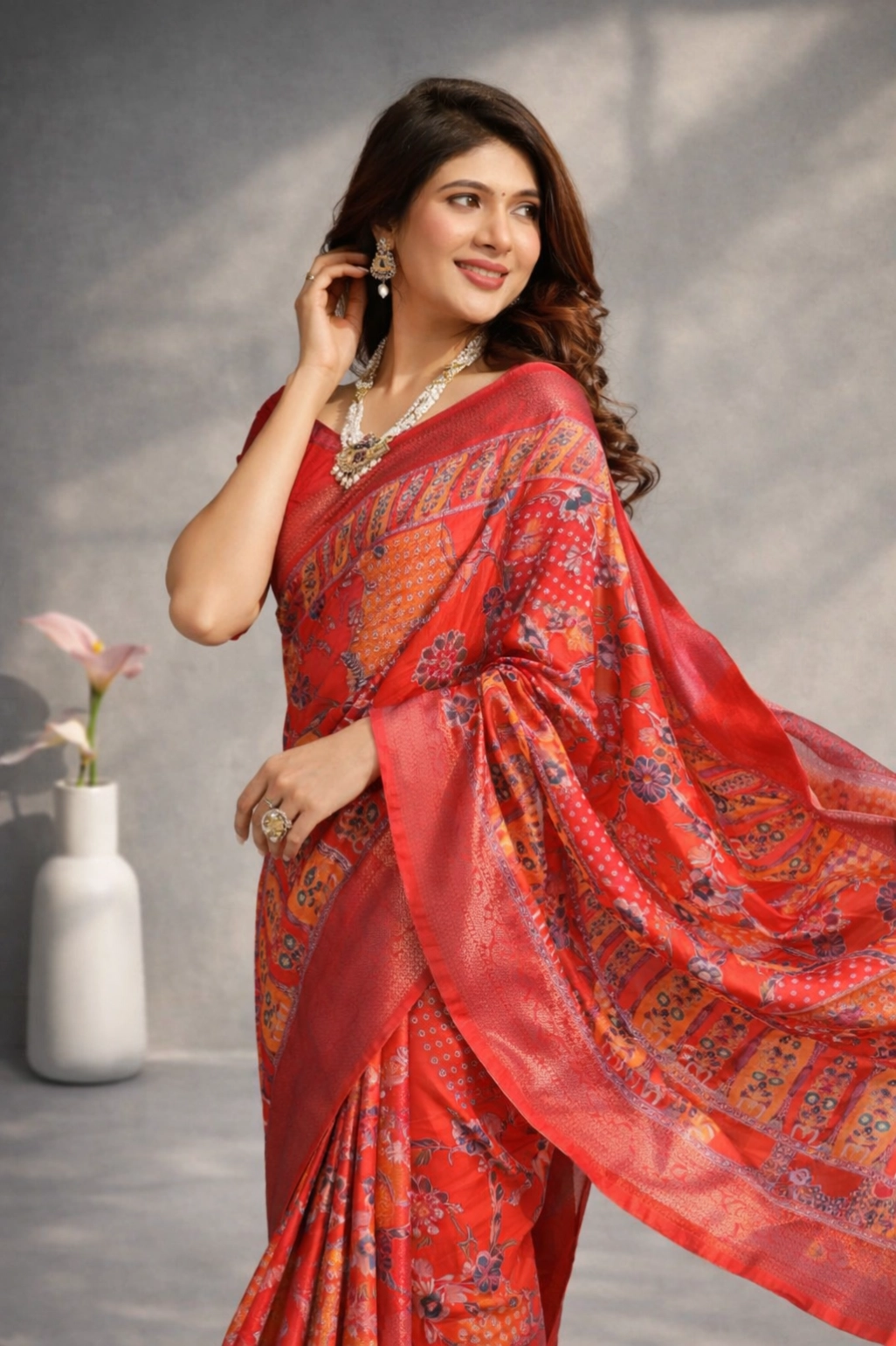 Red Dola Silk Printed Saree