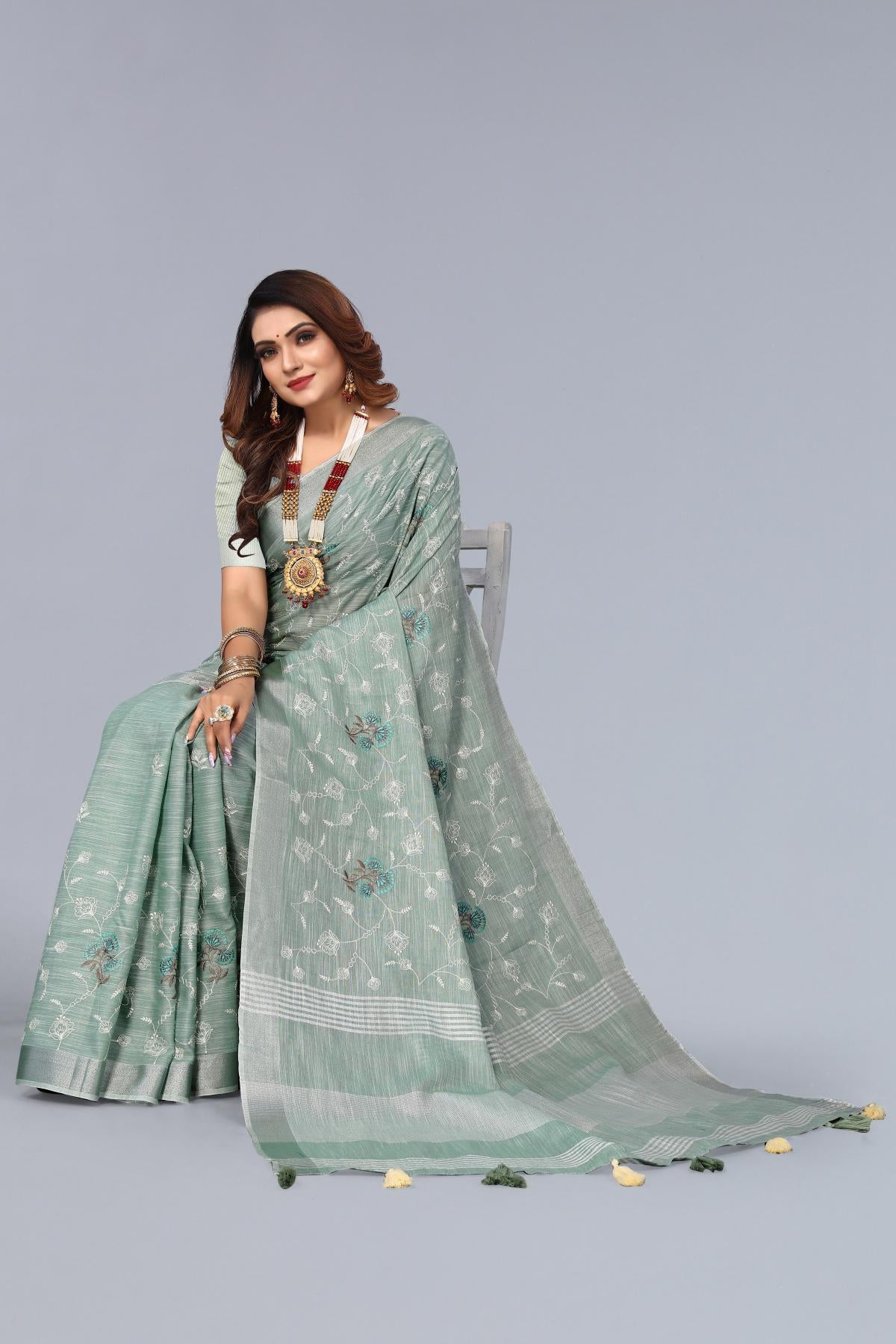 Sea Green Embroidered Linen Saree
