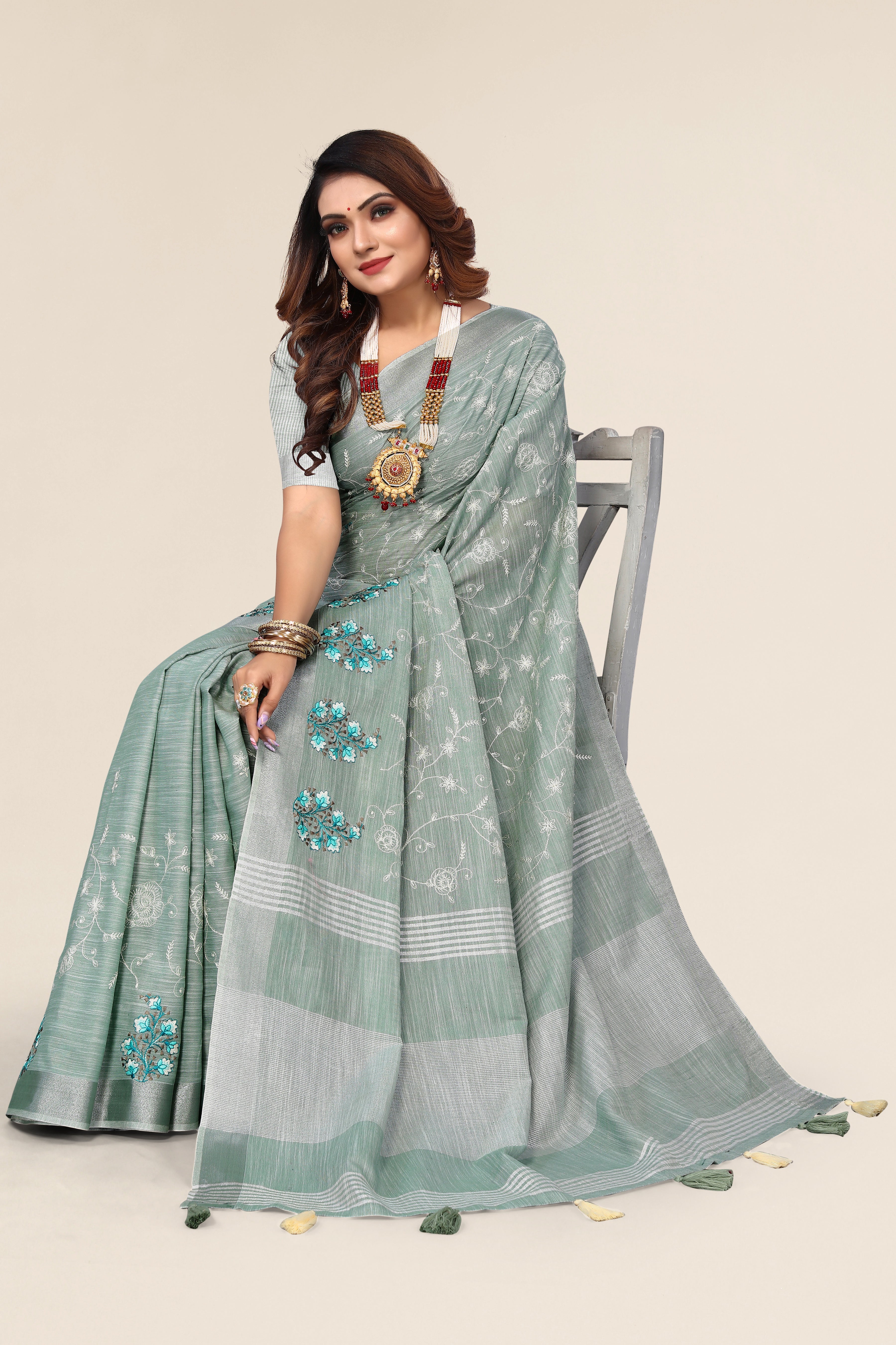 Sea Green Linen Cotton Embroidery Saree