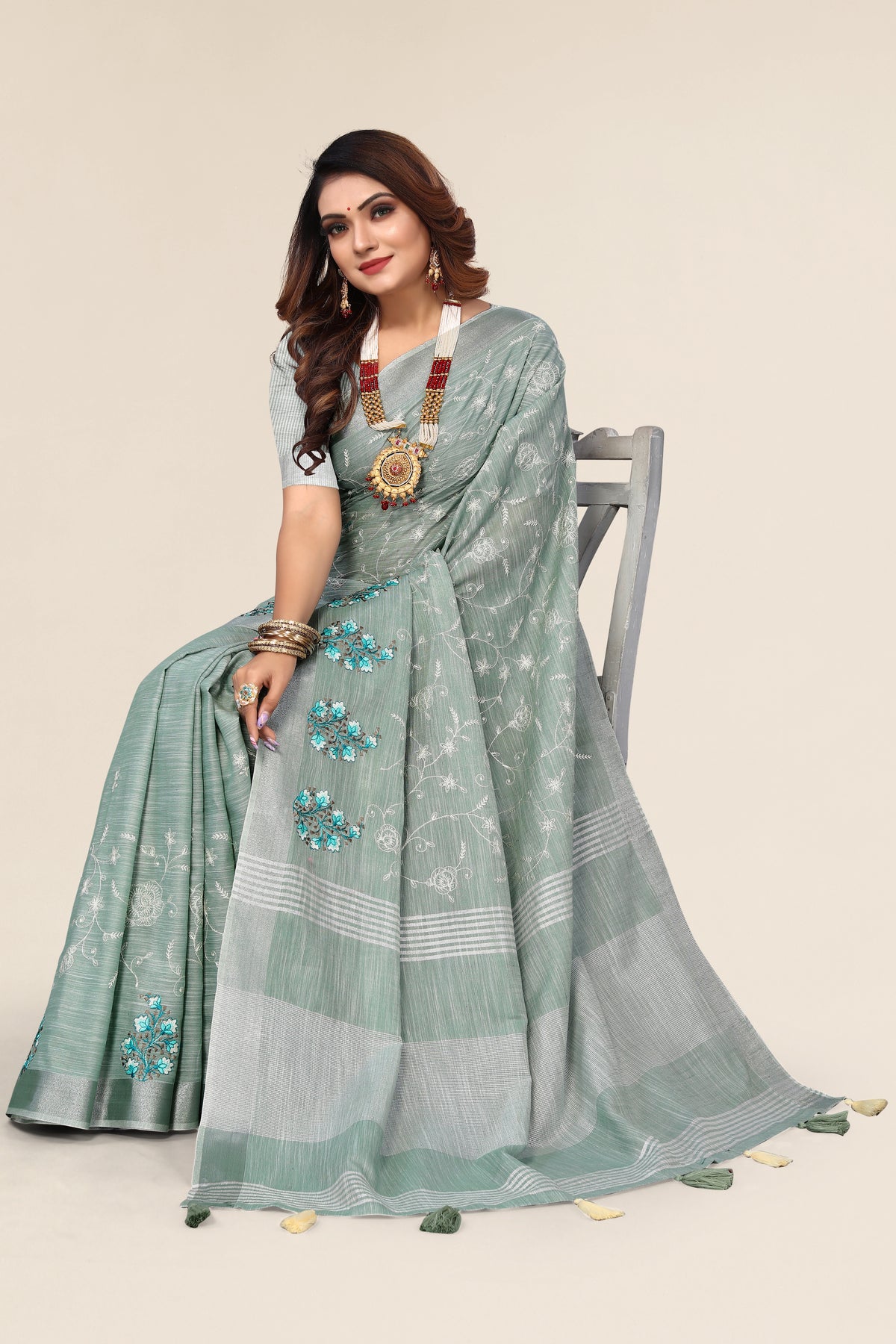 Sea Green Linen Cotton Embroidery Saree