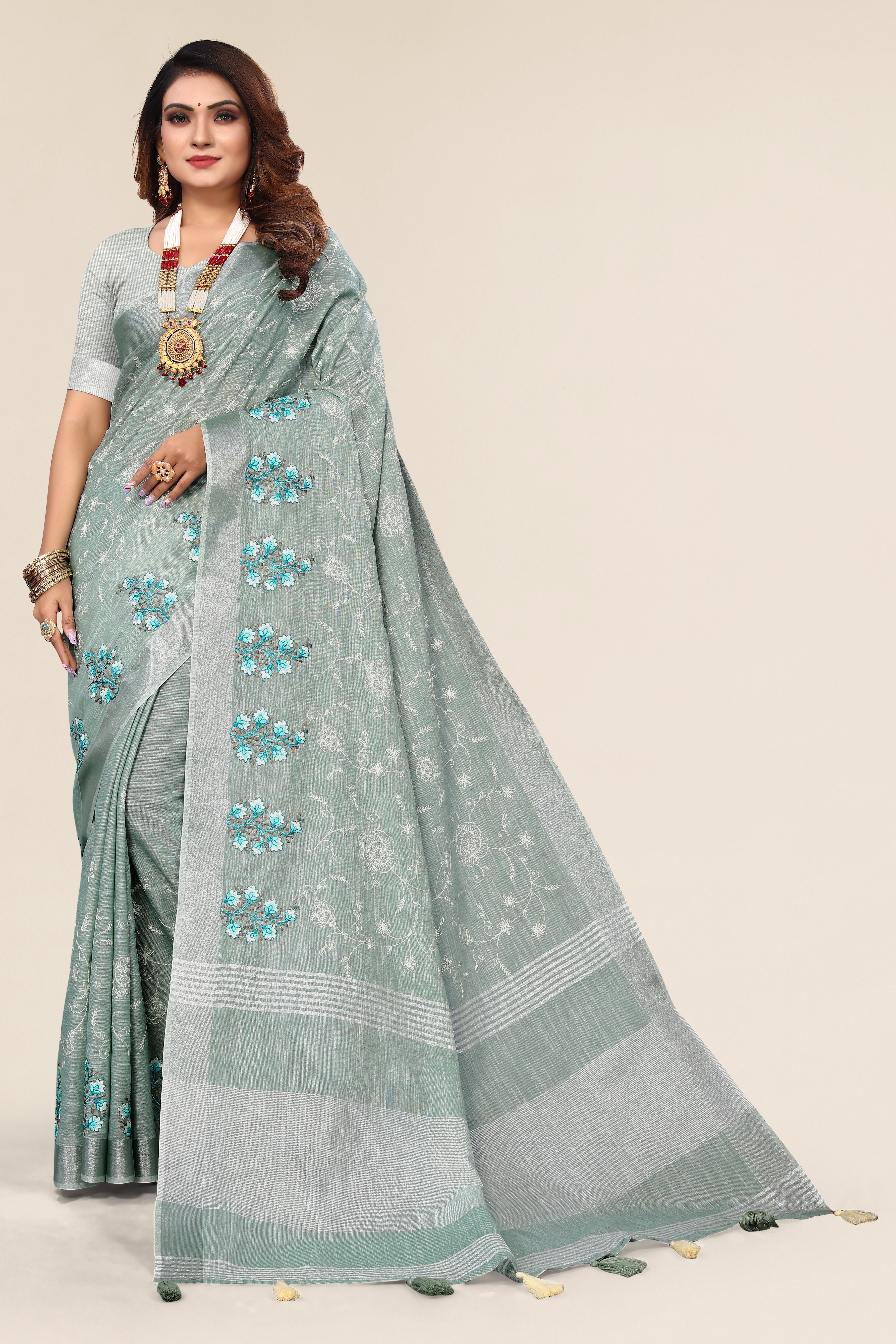 Sea Green Linen Cotton Saree With Embroidery Work