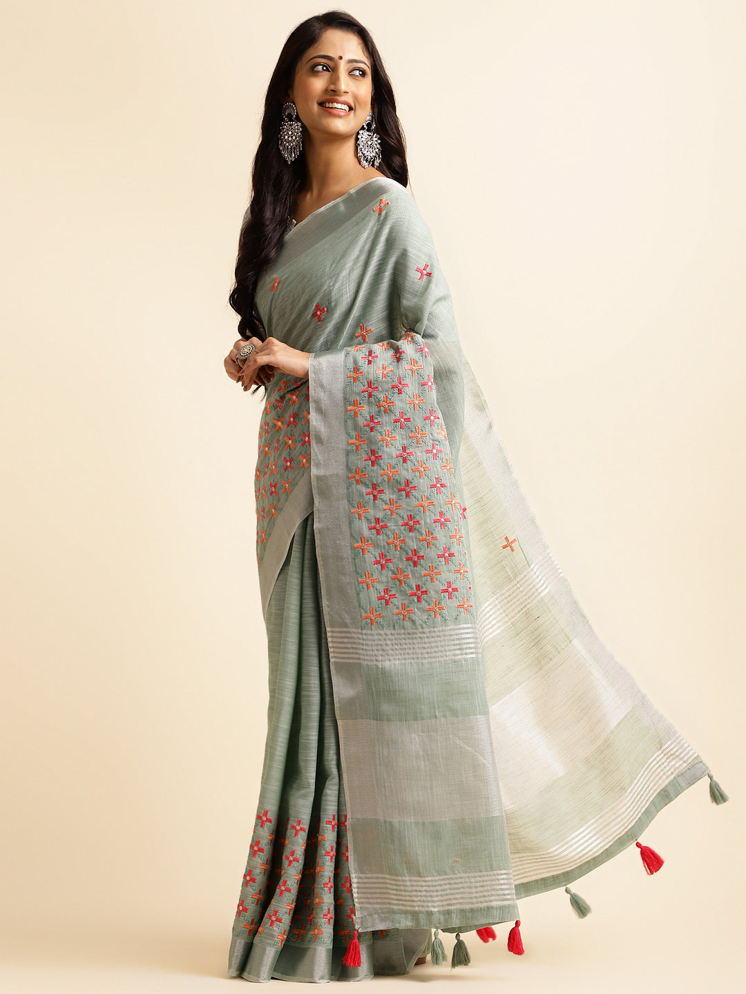 Sea Green Linen Embroidery Saree For Wedding