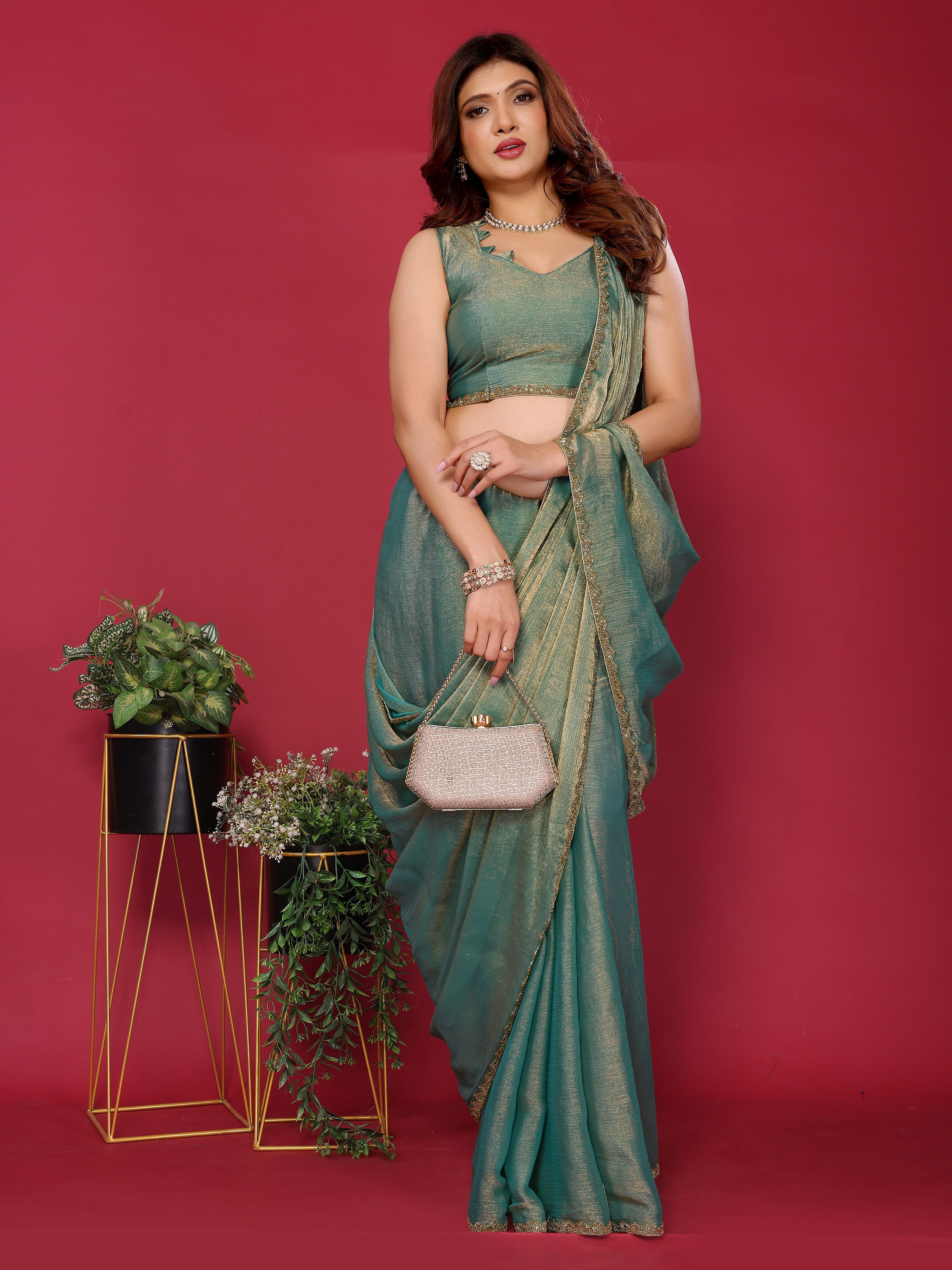 Sea Green Satin Silk Handwork Saree