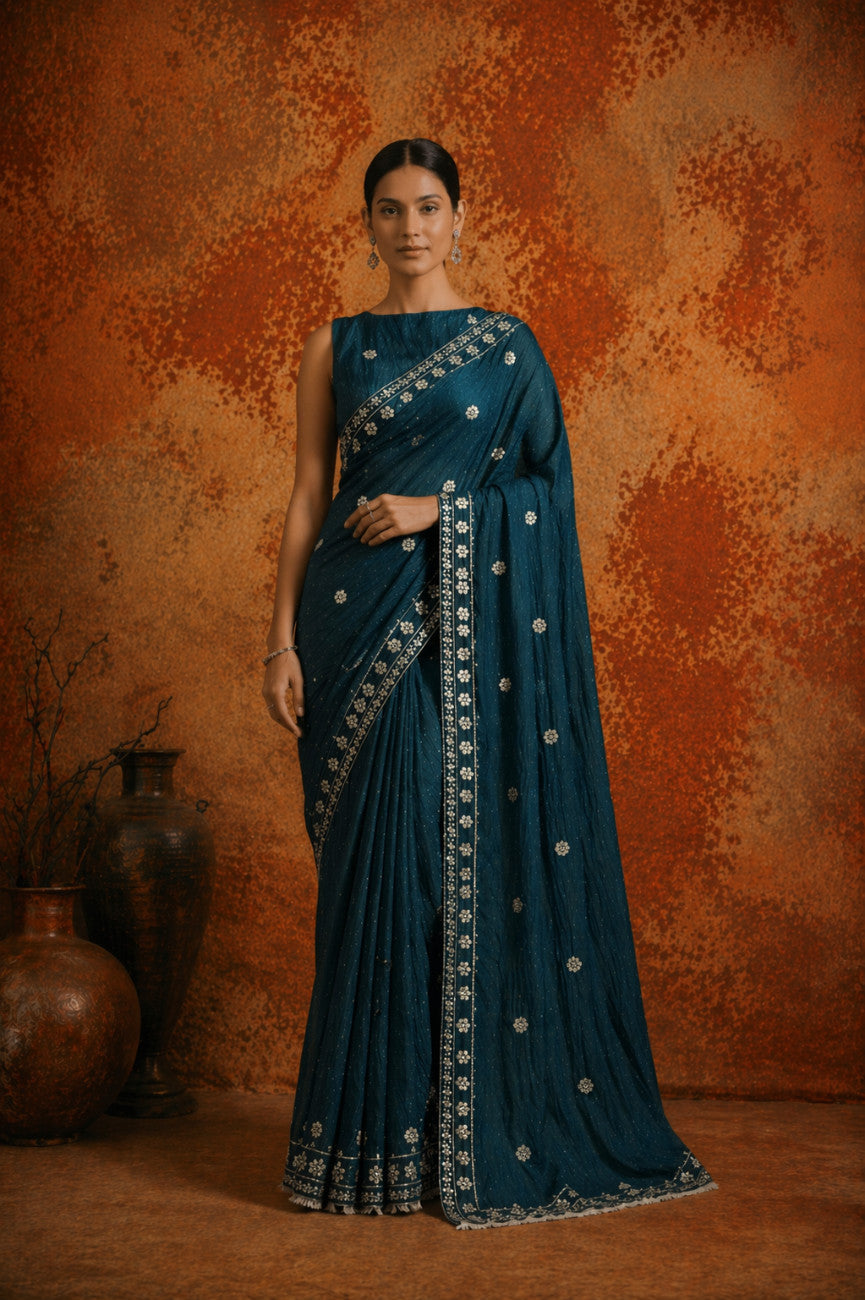 Premium Teal Blue Jimmy Choo Sequin Work Saree