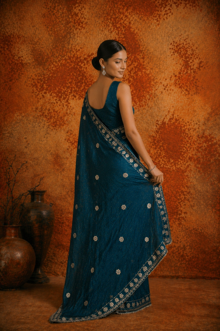 Premium Teal Blue Jimmy Choo Sequin Work Saree