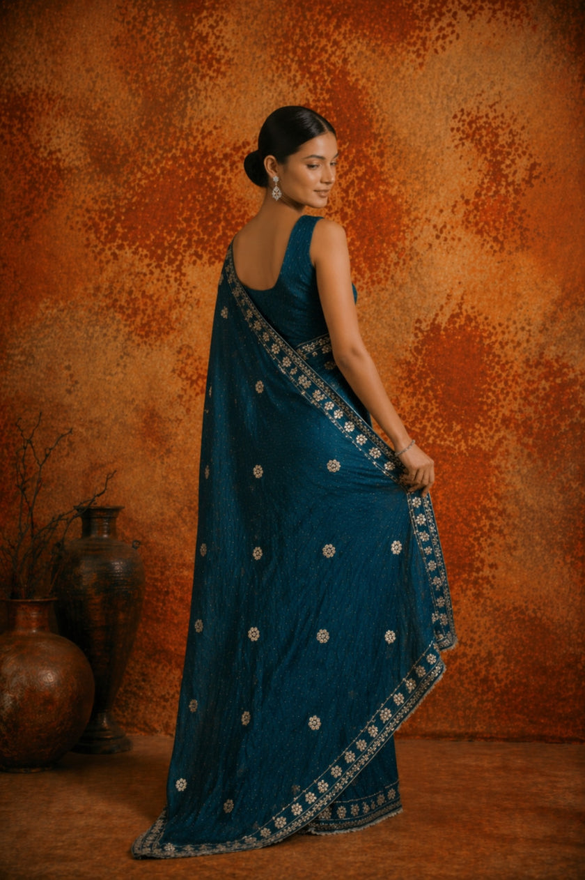 Premium Teal Blue Jimmy Choo Sequin Work Saree