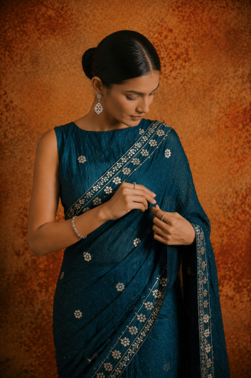 Premium Teal Blue Jimmy Choo Sequin Work Saree