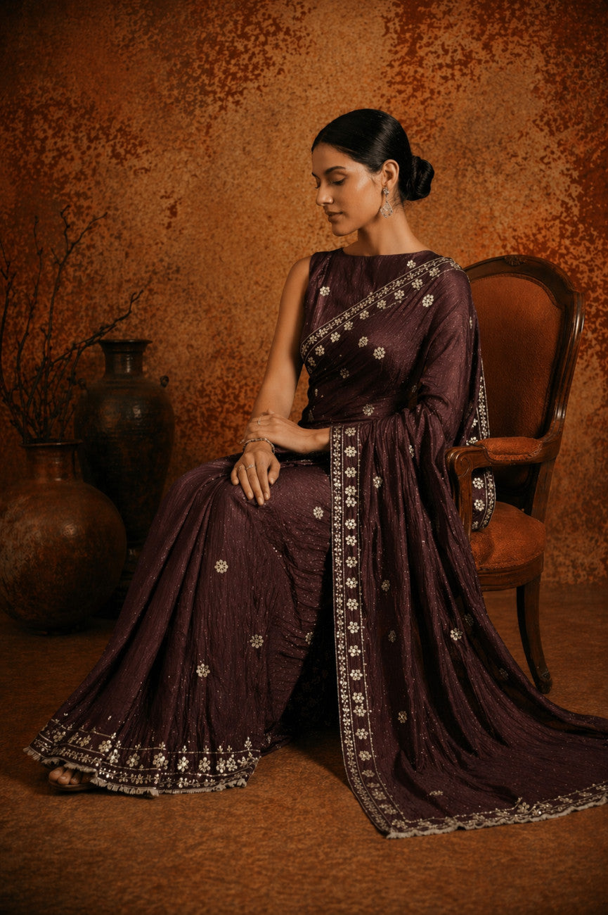 Premium Brown Jimmy Choo Sequin Work Saree