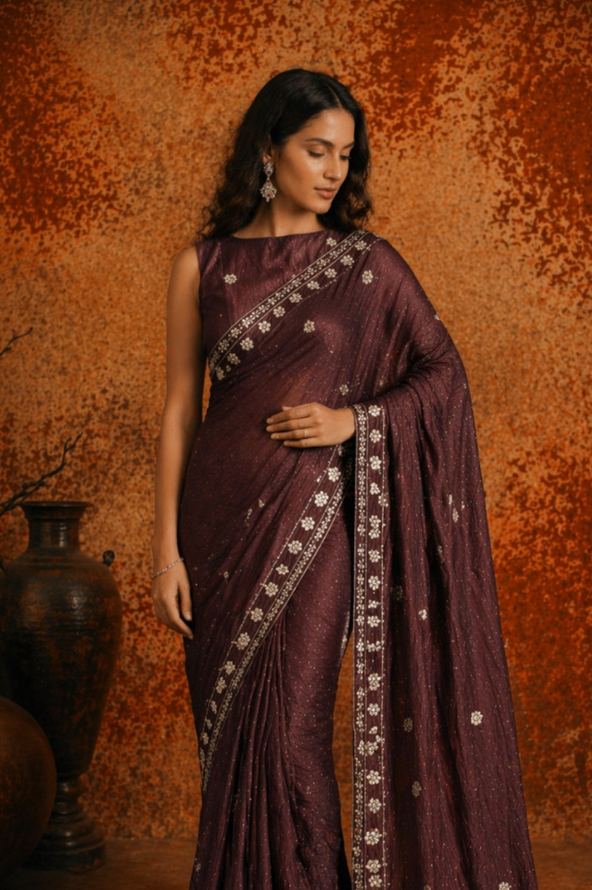 Premium Brown Jimmy Choo Sequin Work Saree