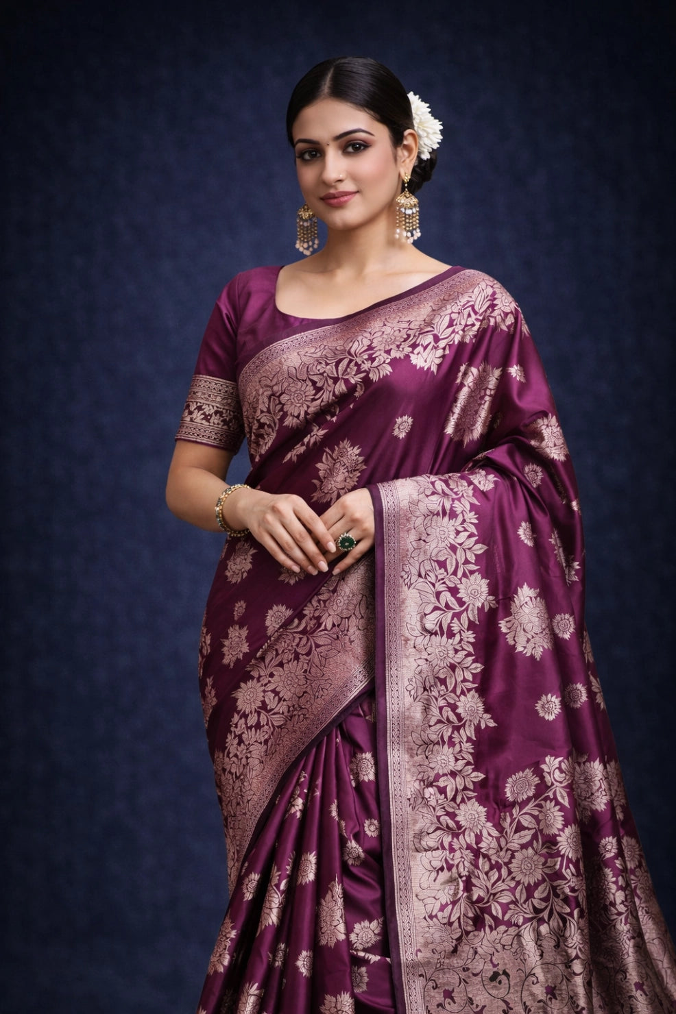 Wine Banarasi Silk Gold Zari work Saree