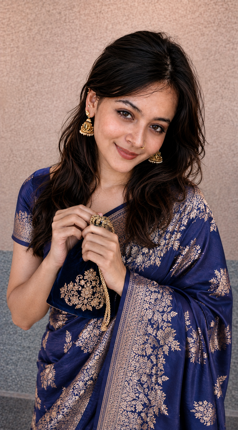 Dark Blue Banarasi Silk Zari Saree Styled By Tanya