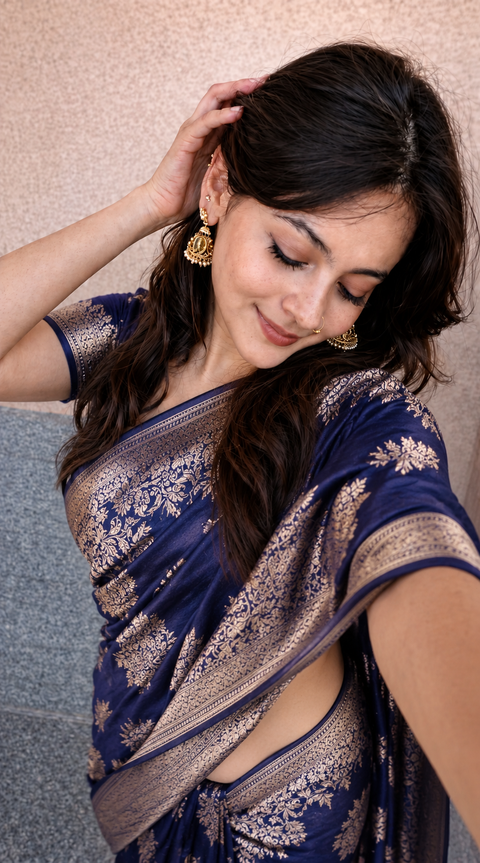 Dark Blue Banarasi Silk Zari Saree Styled By Tanya