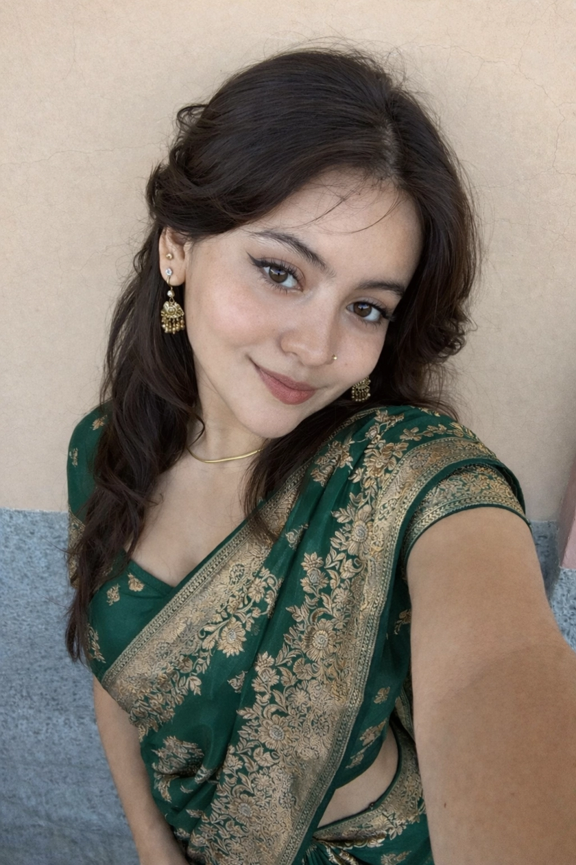 Dark Green Banarasi Silk Zari Saree Styled by Tanya
