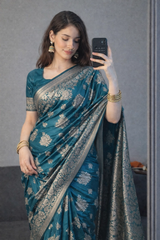Rama Banarasi Silk Zari Saree Styled by Rachita