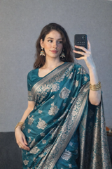 Rama Banarasi Silk Zari Saree Styled by Rachita
