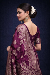 Wine Banarasi Silk Gold Zari work Saree
