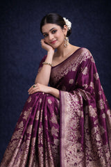 Wine Banarasi Silk Gold Zari work Saree