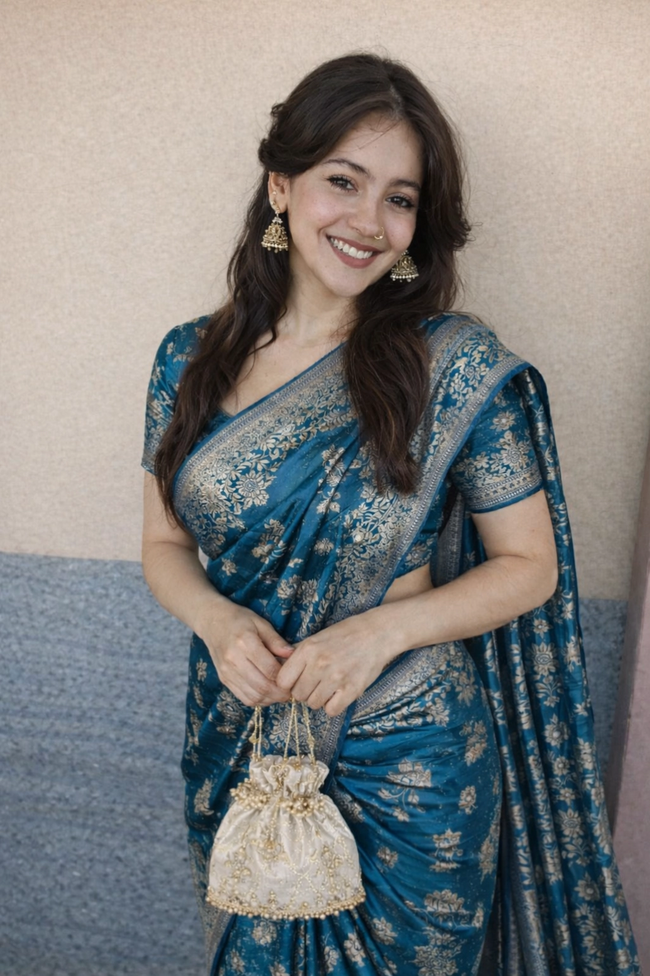 Teal Blue Banarasi Silk Gold Zari work Saree