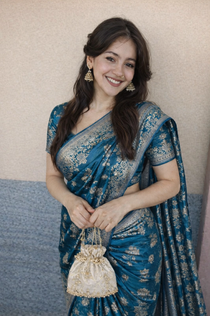 Teal Blue Banarasi Silk Gold Zari work Saree