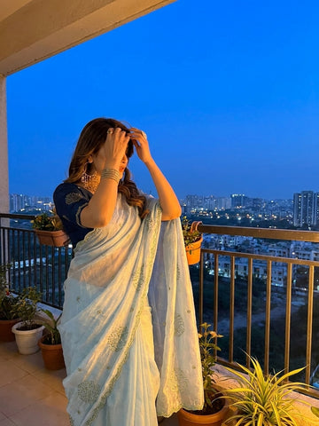 Light Blue jimmmy Choo Sequins Saree Styled by Ishaya