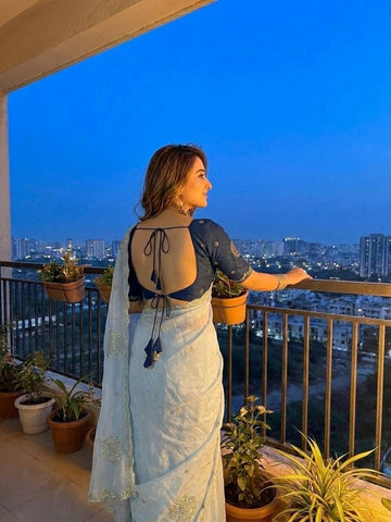 Light Blue jimmmy Choo Sequins Saree Styled by Ishaya
