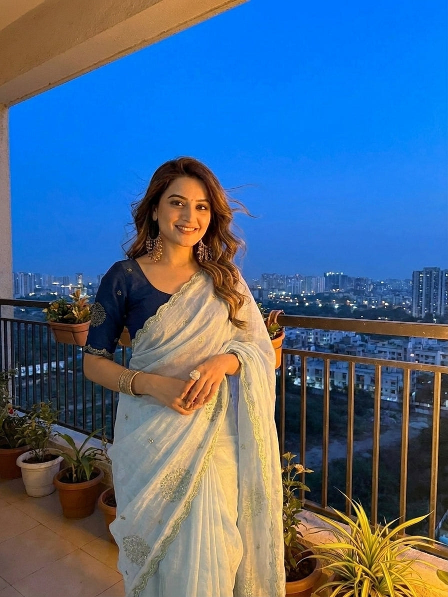 Light Blue jimmmy Choo Sequins Saree Styled by Ishaya