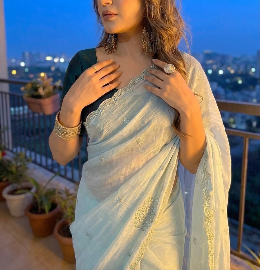 Light Green jimmmy Choo Sequins Saree Styled by Ishaya