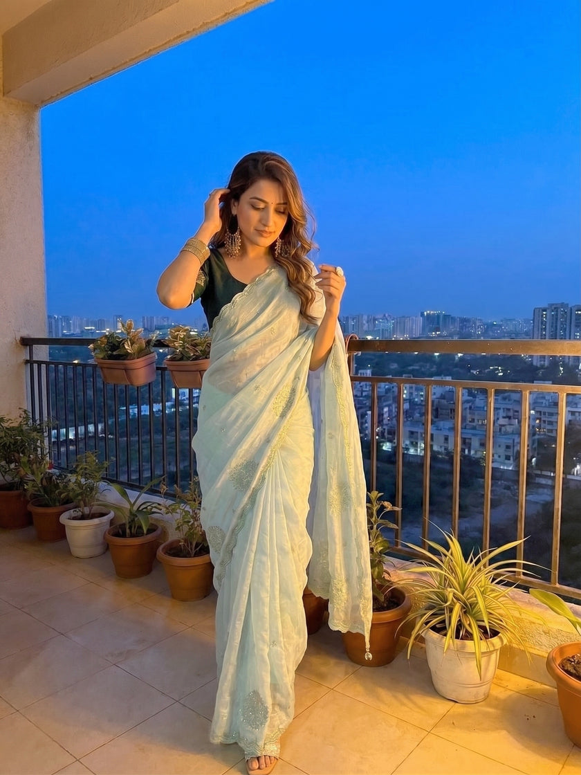 Light Green jimmmy Choo Sequins Saree Styled by Ishaya