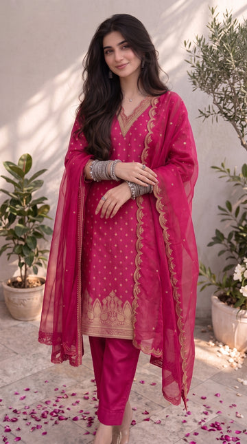 Rani Pink Chanderi Silk Stitched Suit Set