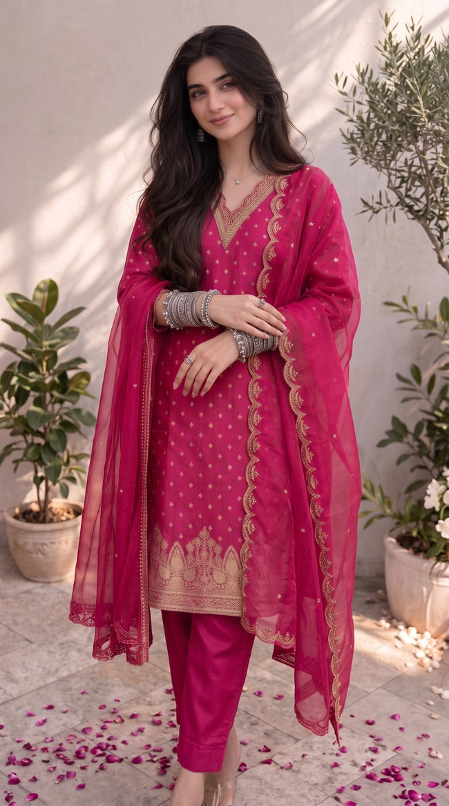 Rani Pink Chanderi Silk Stitched Suit Set