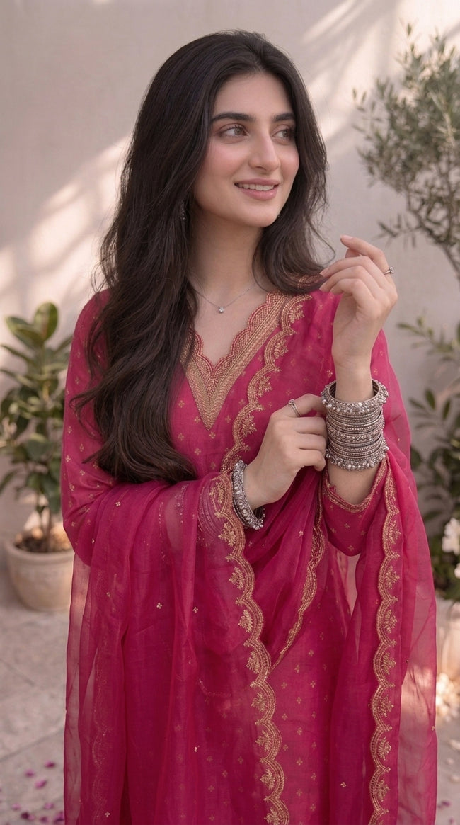 Rani Pink Chanderi Silk Stitched Suit Set
