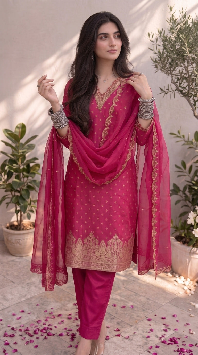 Rani Pink Chanderi Silk Stitched Suit Set