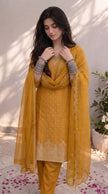 Yellow Chanderi Silk Stitched Suit Set