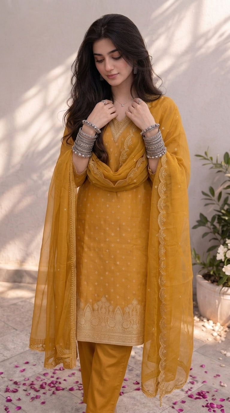 Yellow Chanderi Silk Stitched Suit Set