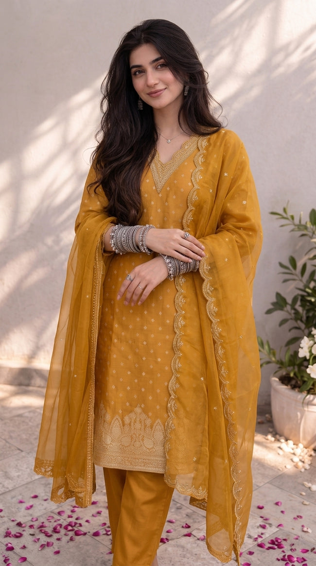 Yellow Chanderi Silk Stitched Suit Set