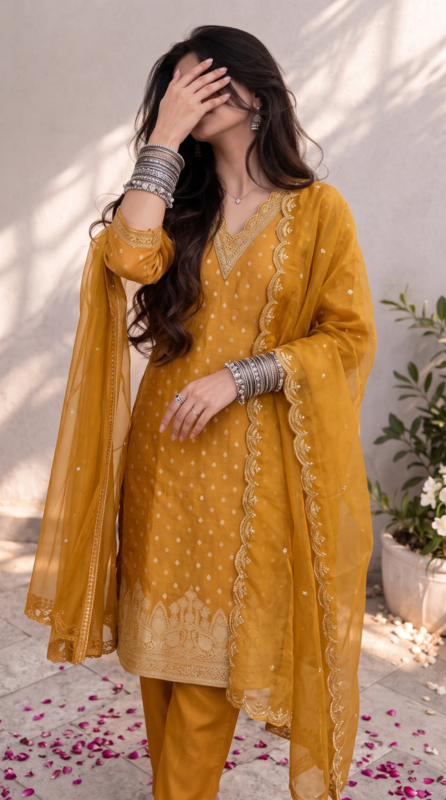 Yellow Chanderi Silk Stitched Suit Set